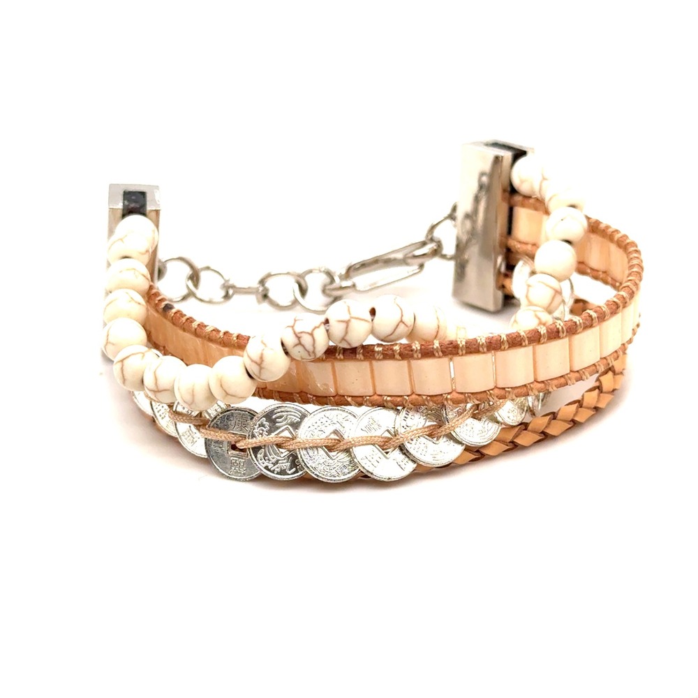 Victoria Emerson Boho Cuff Bracelet Silver Coin Tan Leather Beaded Wrap 7-8"